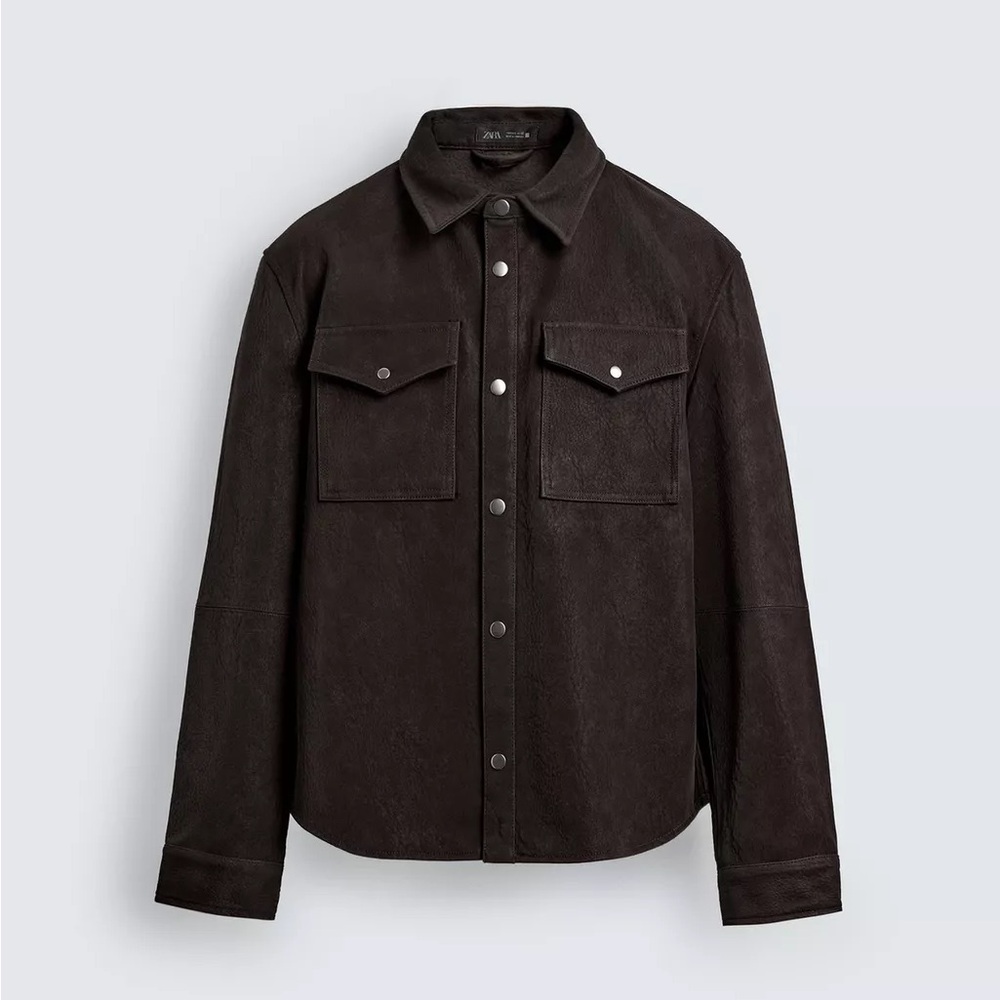 New Zara Relaxed Fit Faux Leather Overshirt Jacket Brown Pockets Button Size XL - Picture 7 of 16